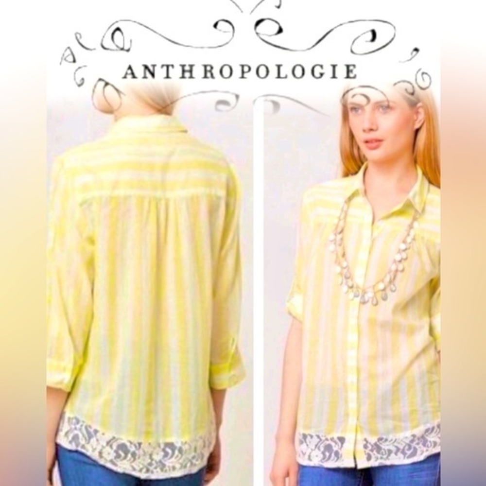 Anthropologie Edme & Esyllte Anthro yellow strip lace hem top 0